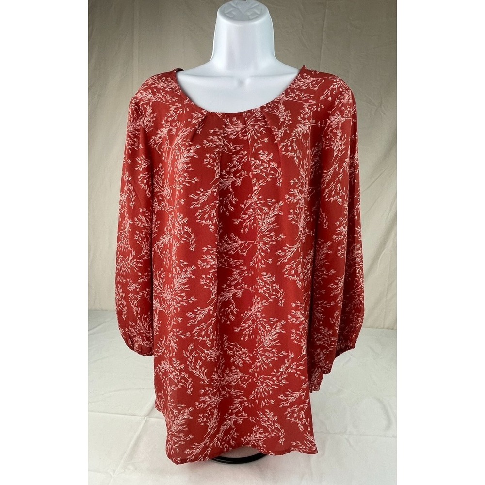 41 HAWTHORN STITCH FIX WOEMNS L RED FLORAL 3/4 SLEEVE KEYHOLE BLOUSE NWT